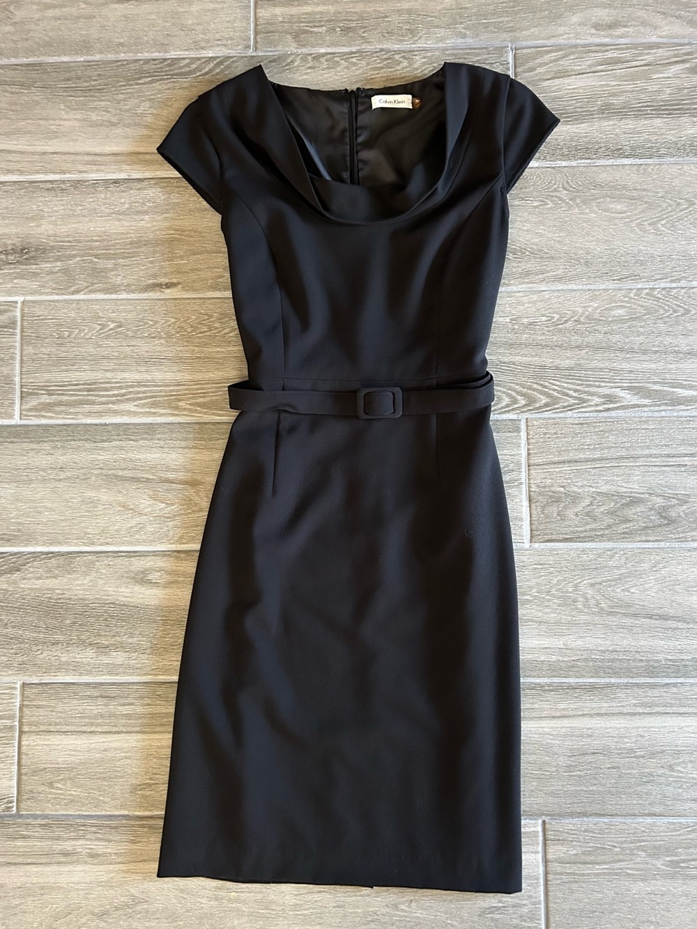 Calvin Klein Black Cap-Sleeve Belted Sheath Dress